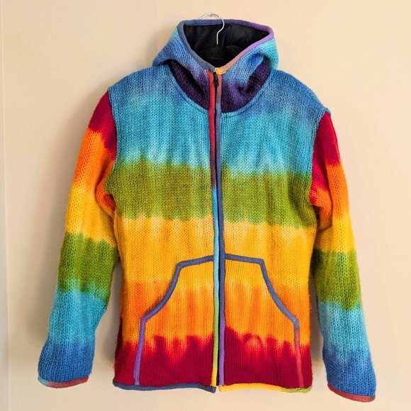 Sweater Knit Rainbow Hoodie Jacket 100% Wool Fleece Lined Women Made Nepal Sz M - Picture 1 of 7